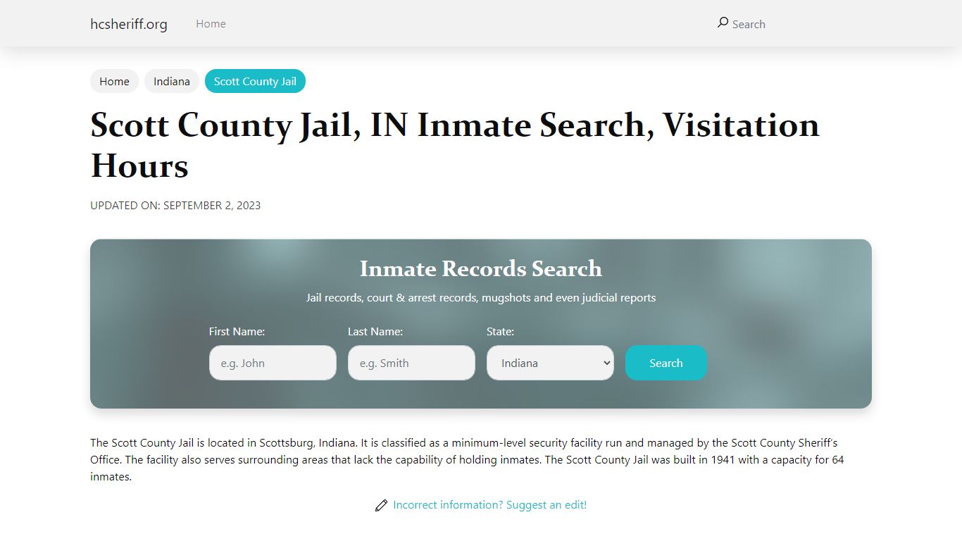 Scott County Jail, IN Inmate Search, Visitation Hours